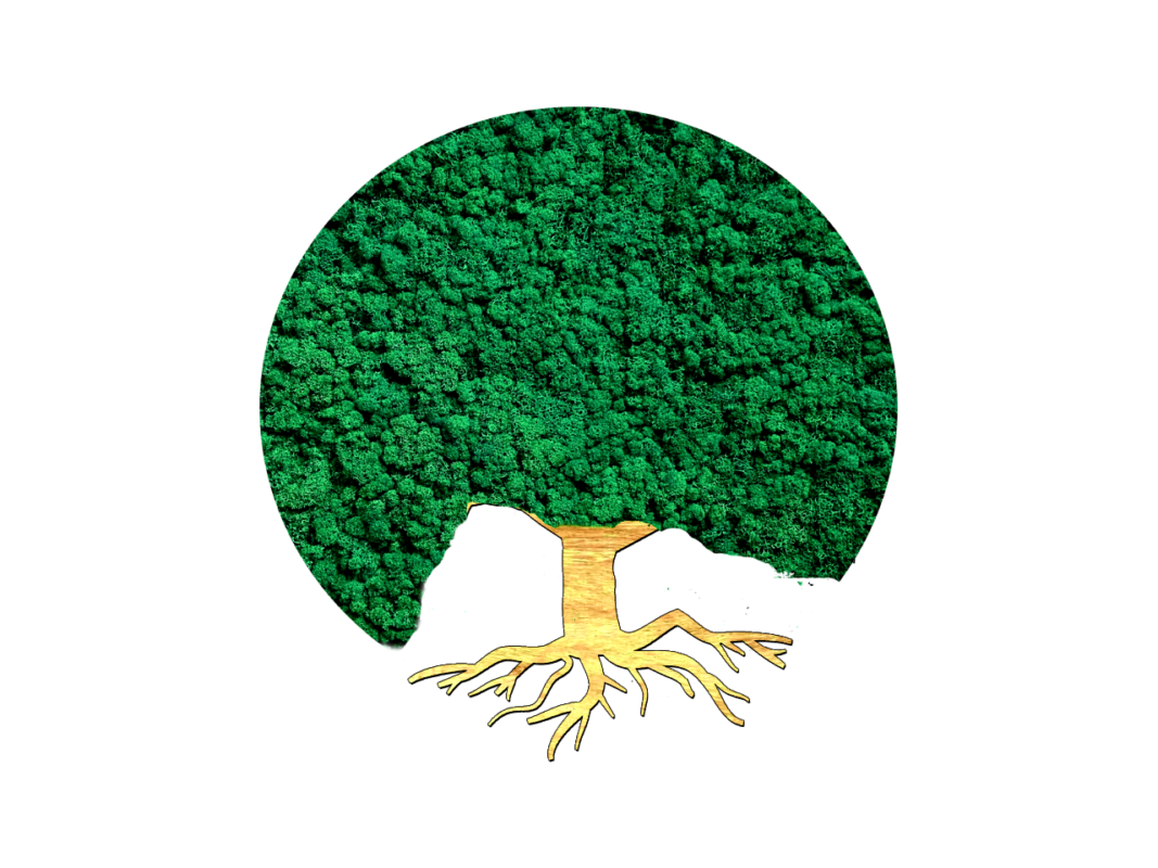 Dřevěný strom s mechovou korunou - odstín svěží zelená - přírodní dřevo