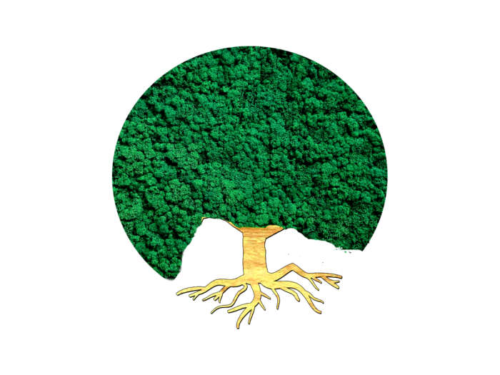 Mechový obraz - strom s mechovou korunou - svěží zelená - přírodní dřevo