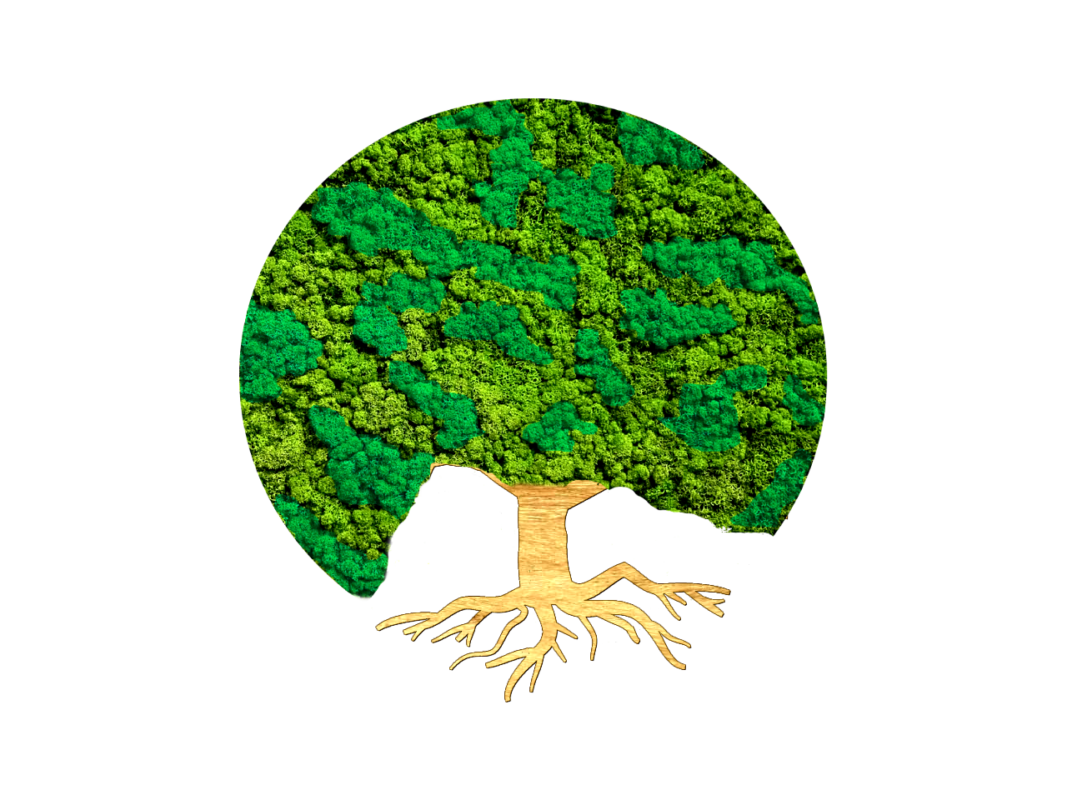 Mechový obraz Stromu s mechivou korunou - dvoubarevný mech a dřevo
